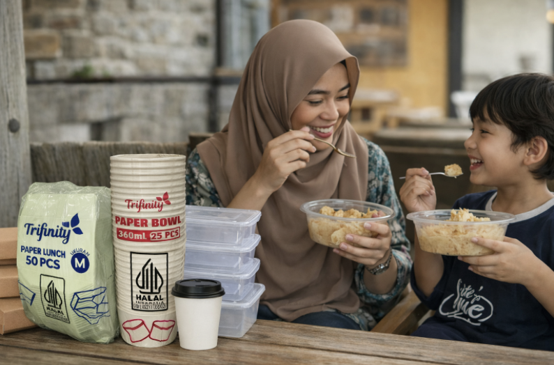 Sekarang kemasan juga harus halal! 🌙 PT Triguna Jaya Sentosa hadirkan Trifinity, wadah makanan pertama yang tersertifikasi Halal MUI dan aman untuk microwave.